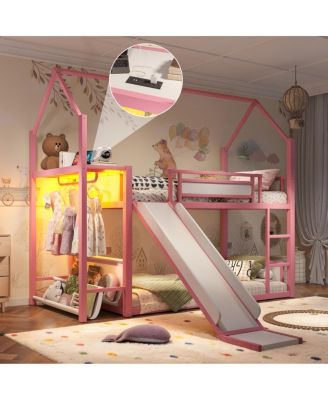 Twin Over Twin Metal Bunk Bed with Slide, LED and Power Outlet