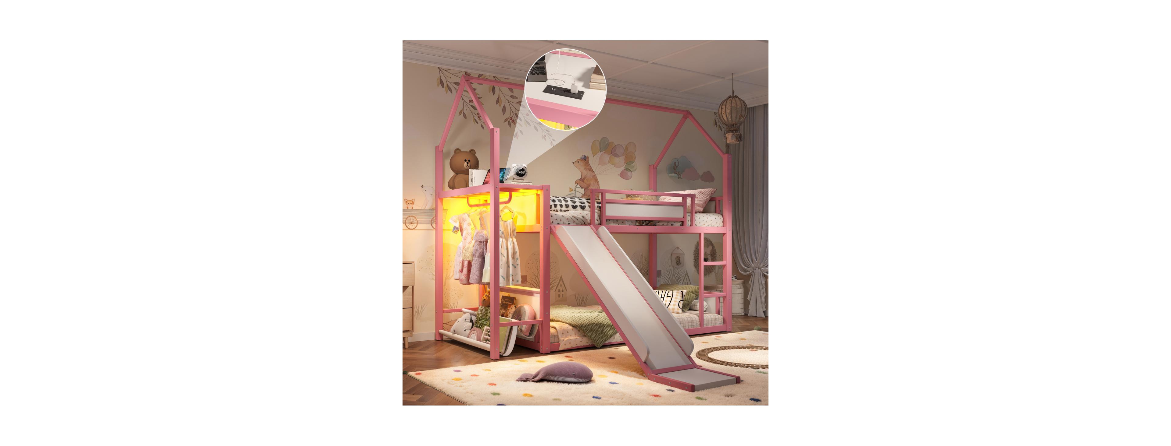 Streamdale Furniture Twin Over Twin Metal Bunk Bed with Slide, Led and Power Outlet
