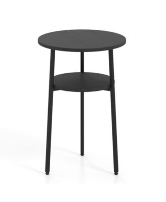Round Side Table with Storage Shelf and Metal Frame for Living Room