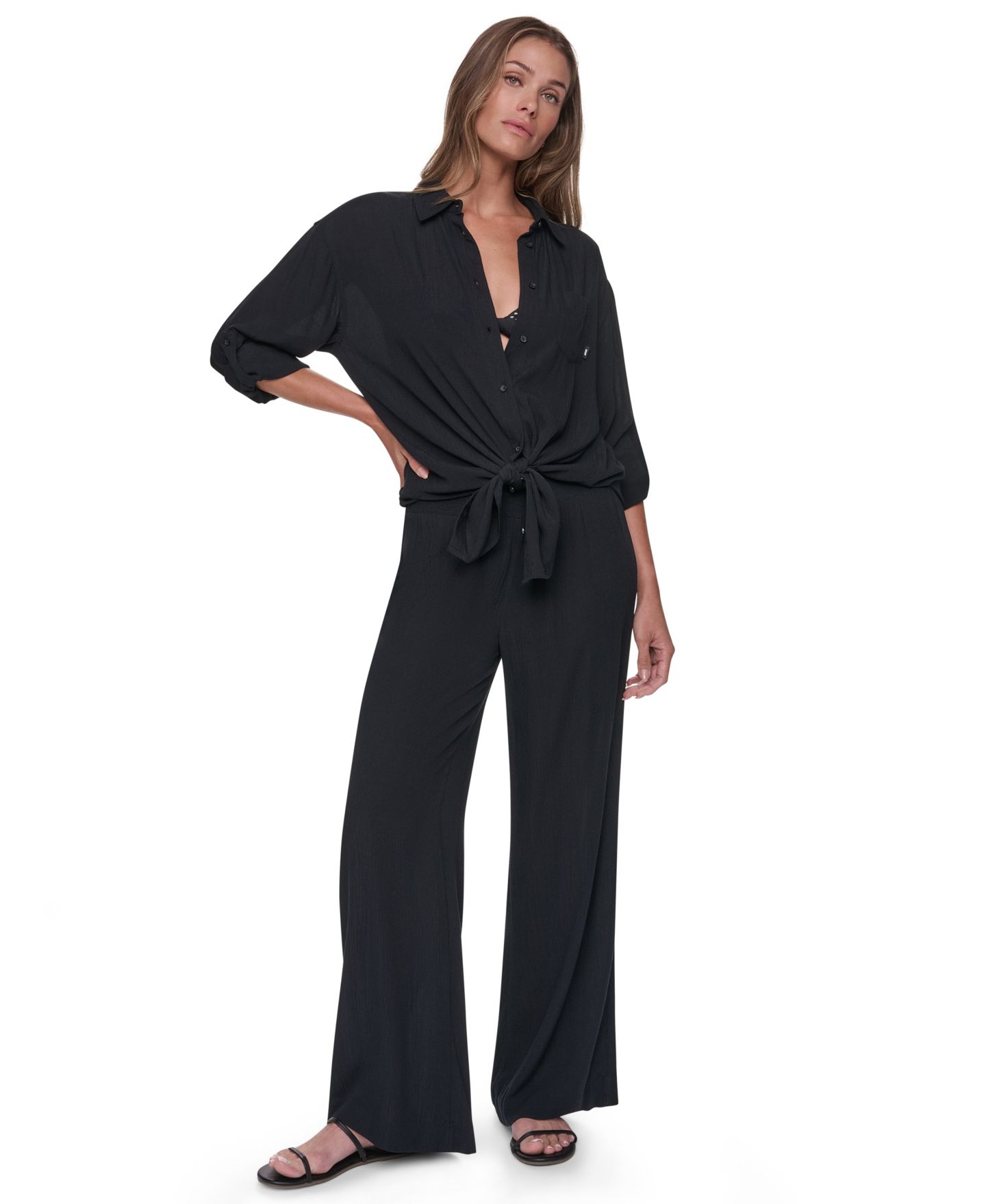 Женская рубашка DKNY Gauze Collared Button-Front Beach, цвет: Чёрный — фото 9