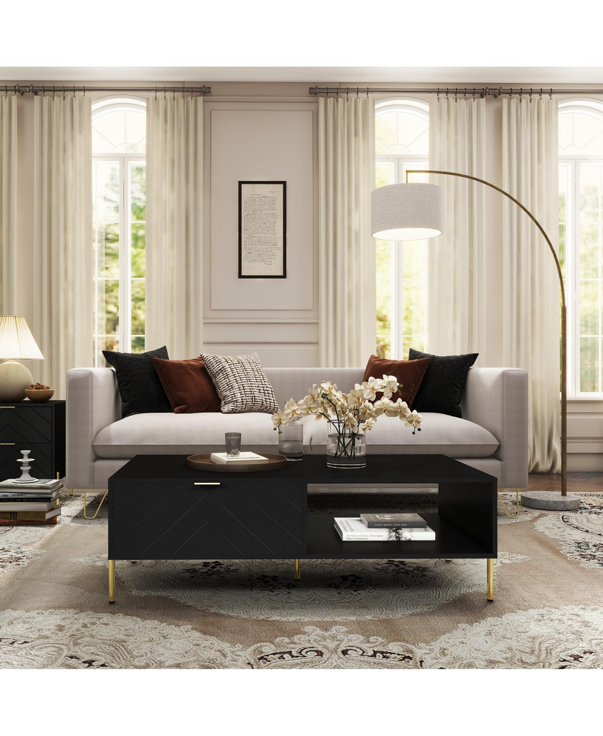 Clihome Mid-Century Modern Coffee Table with Double Drawers