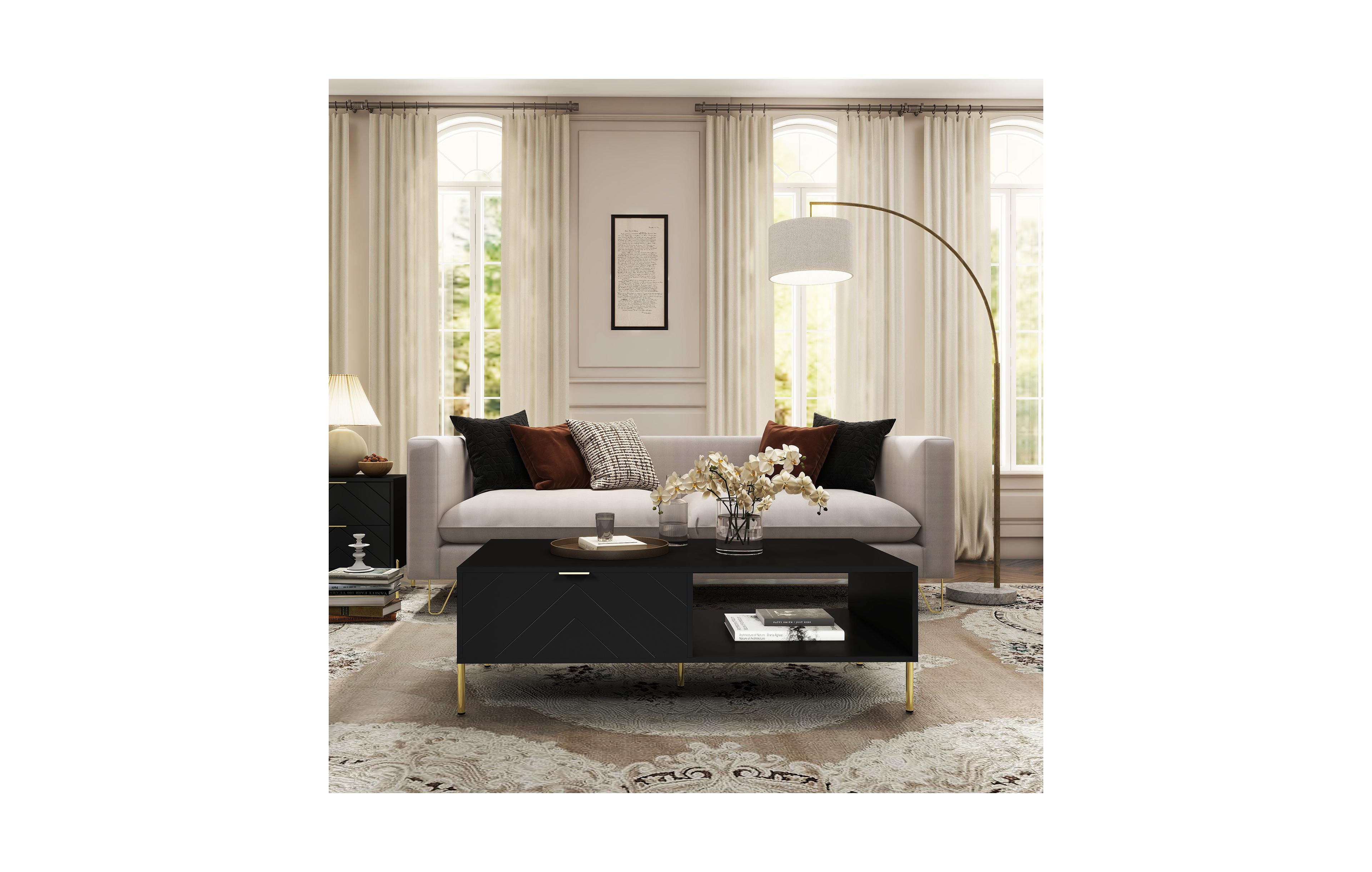 Clihome Mid-Century Modern Coffee Table with Double Drawers
