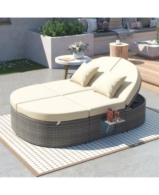 Outdoor 2-Person PE Rattan Adjustable Chair with Cushions Pillows, Foldable Cup Trays, Patio Daybed for Poolside Lawn Backyard
