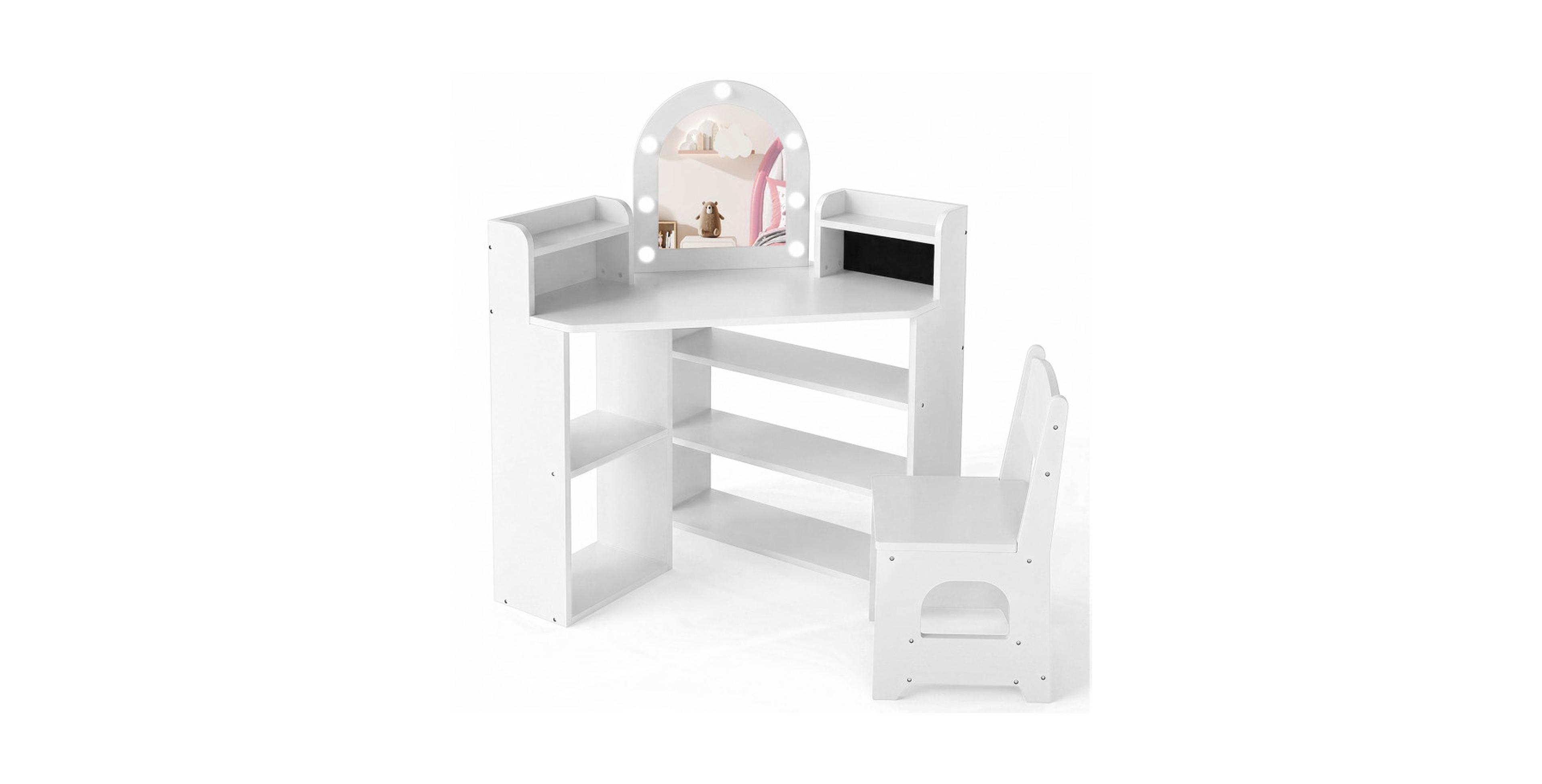 Gouun 2-In-1 Kids Corner Vanity Set with Lighted Mirror and Chair Ages 3 and Up