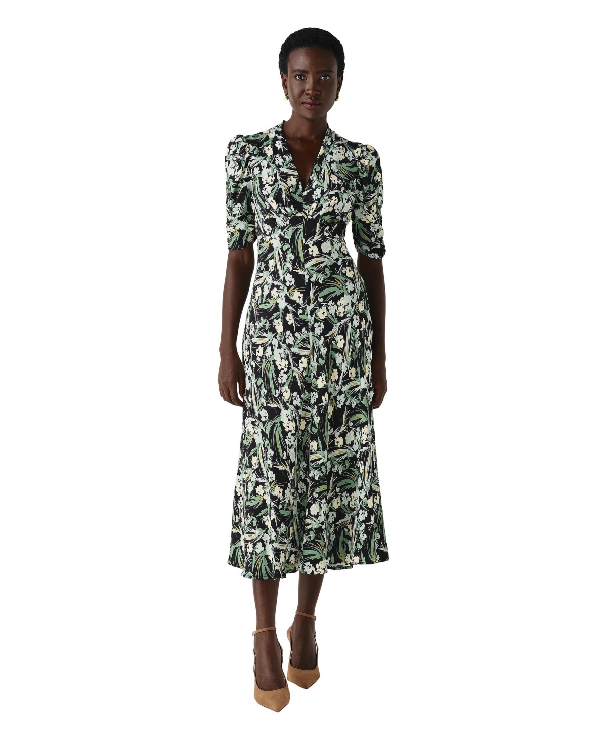 Ghost London Women's Mia Floral-Print Puff-Sleeve V-Neck Midi Dress