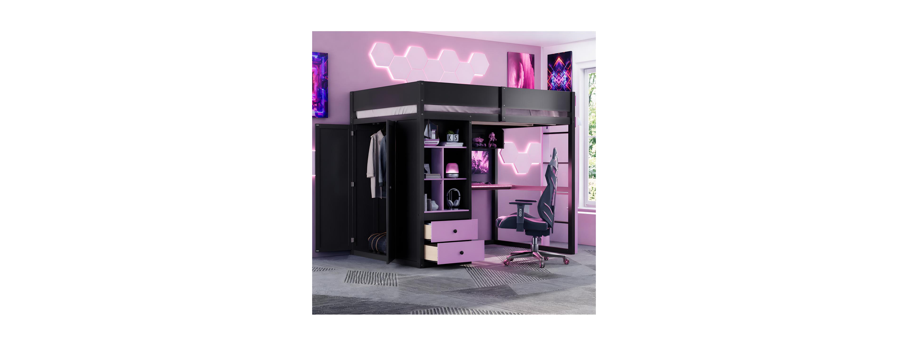 Streamdale Furniture Solid Wood Full Loft Bed with Desk, Wardrobe, Led and Usb