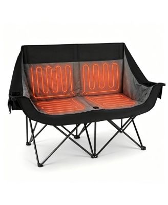 Black Dual Person Heated Folding Camping Chair 4 Heating Zones 3 Temperature Levels, Heavy Duty 660 LBS Double Outdoor Loveseat