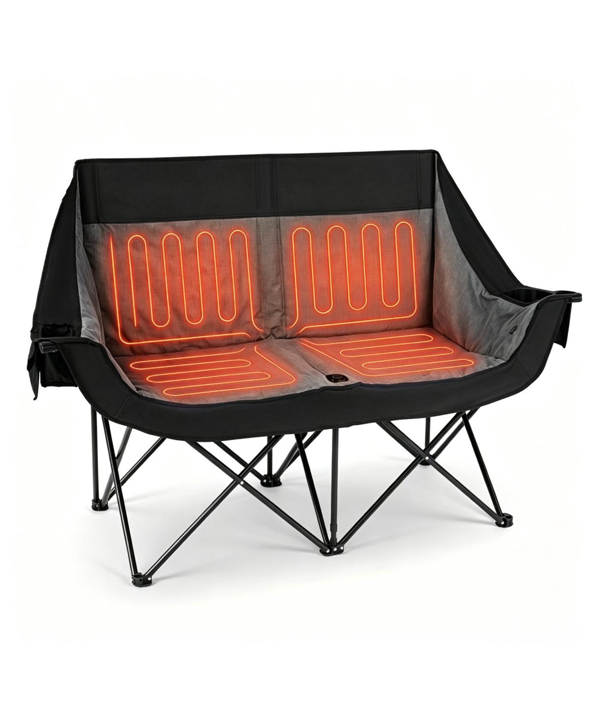 Sevorley Black Dual Person Heated Folding Camping Chair 4 Heating Zones 3 Temperature Levels, Heavy Duty 660 Lbs Double Outdoor Loveseat
