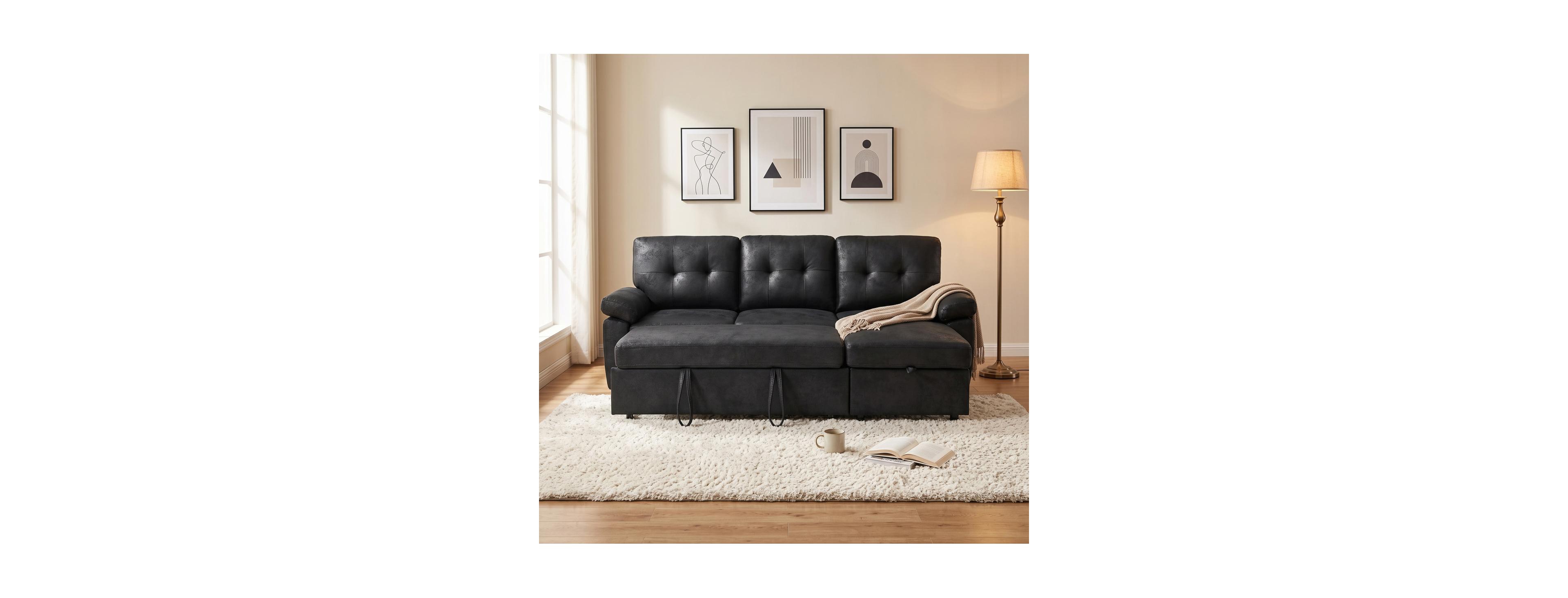 Streamdale Furniture 88.5" Convertible L-Shaped Pull-Out Sectional Sofa Bed with Storage Chaise
