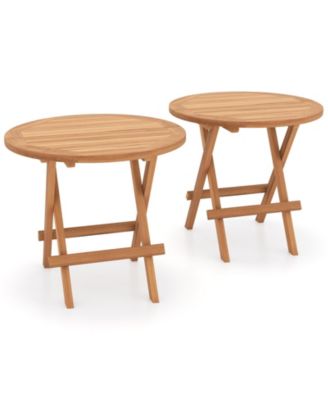 2 pieces Patio Folding Side Table Indonesia Teak Wood Round Slatted Tabletop Portable Tables