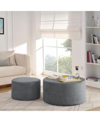 Set of 2 Cylindrical Upholstered Pouf Stools