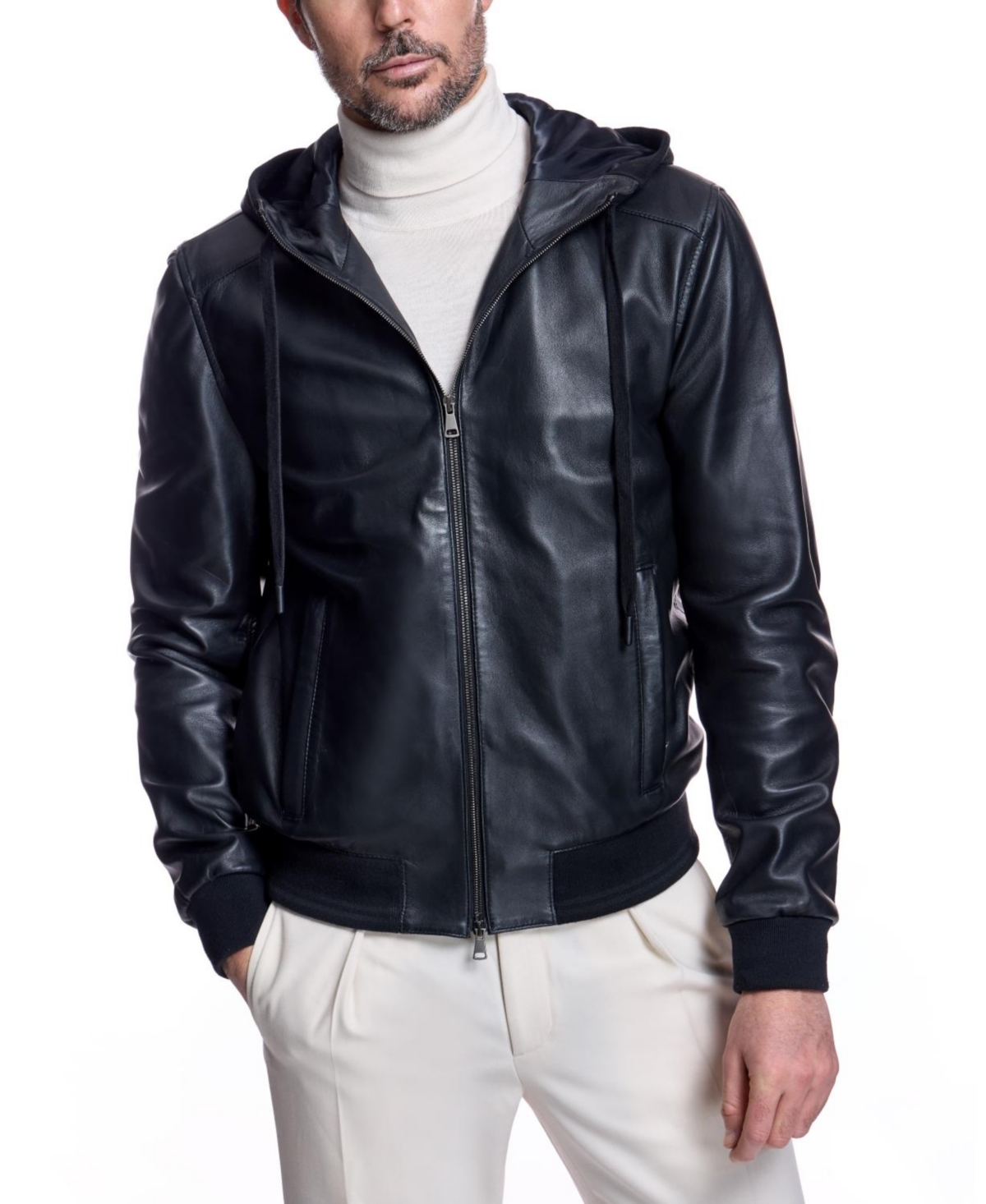 Julia & Stella By Maximilian Men's Hooded Slim-Fit Leather Jacket - Black