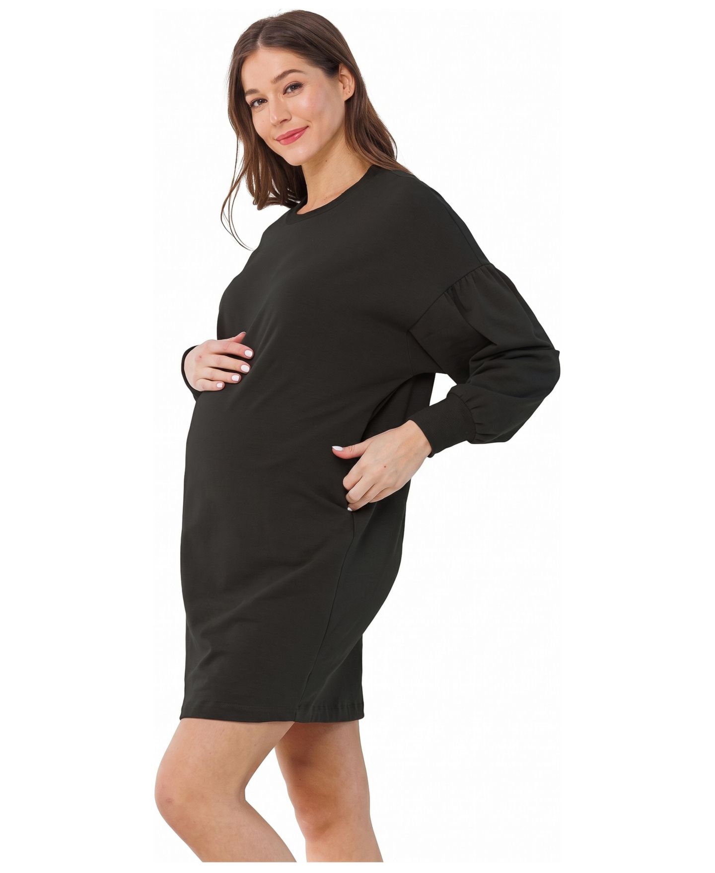Женское платье Hello Miz Maternity Crewneck Cotton-Blend Balloon-Sleeve Sweater Dress with Pockets, цвет: Чёрный — фото 2