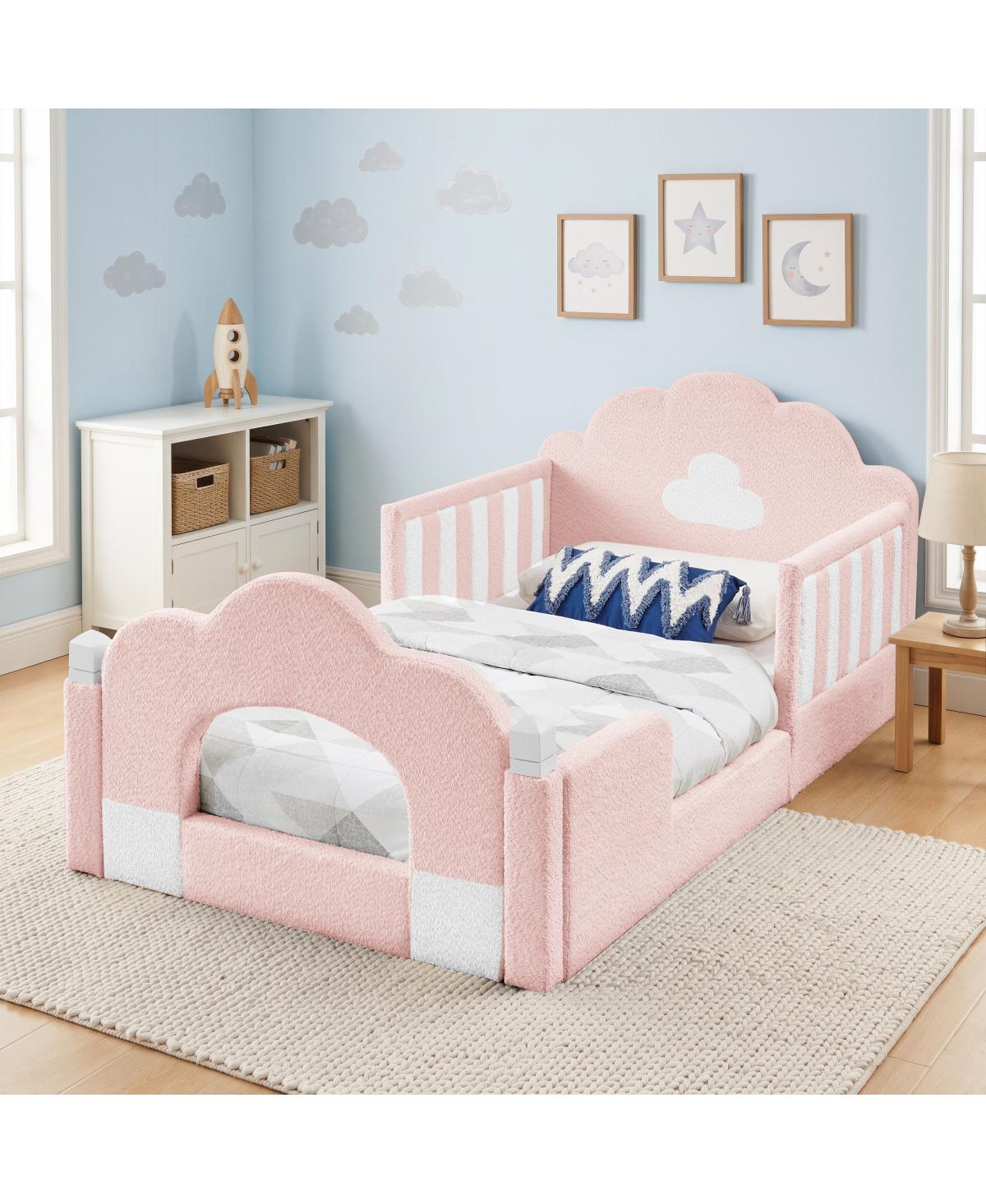 Streamdale Furniture Twin Size Cloud Bed with Guardrail, Solid Wood, Boucle Fabric