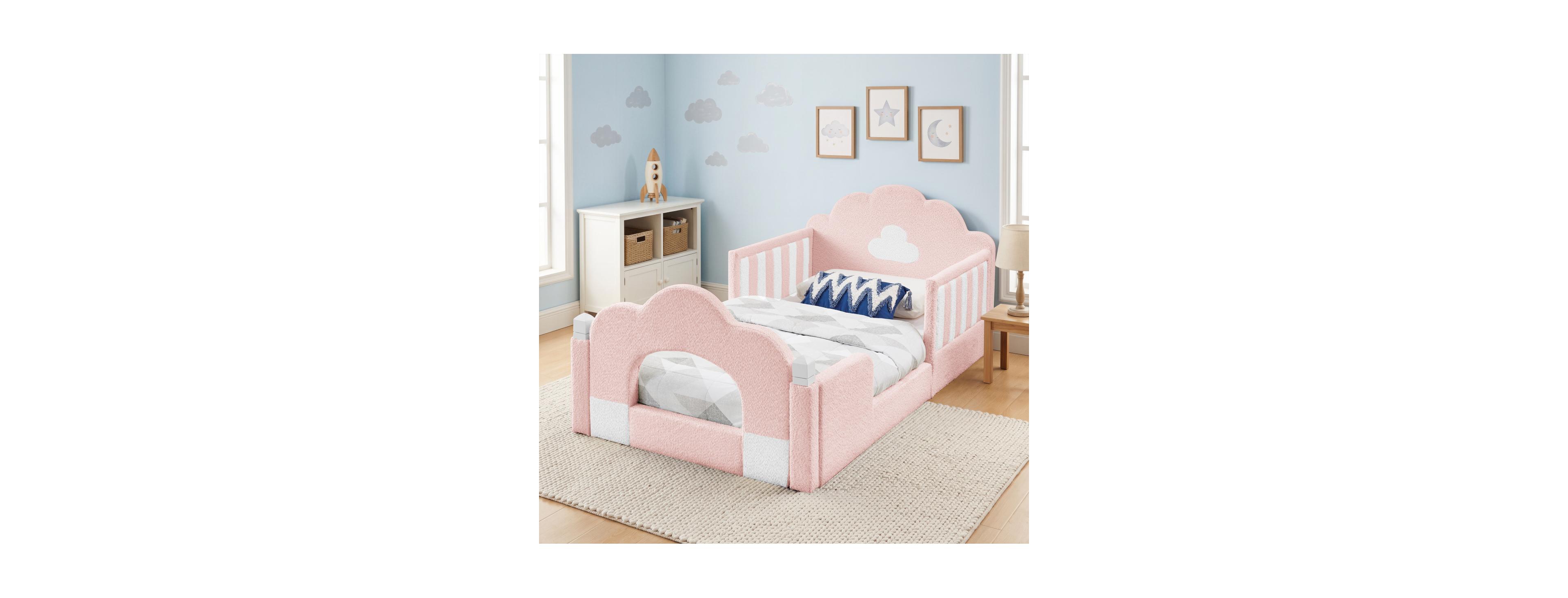 Streamdale Furniture Twin Size Cloud Bed with Guardrail, Solid Wood, Boucle Fabric