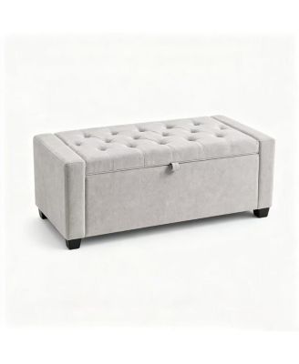  Chenille Upholstered Storage Bench with Safety Hinge