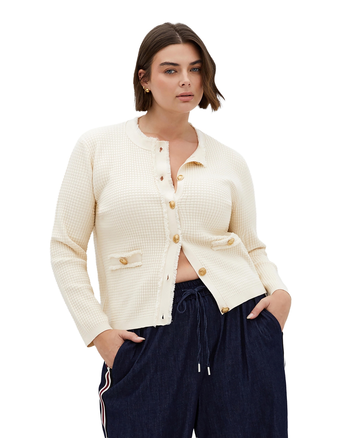 City Chic Plus Cleo Textured Knit Crewneck Cardigan