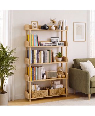  5-Tier Wood Bookshelf with Open Storage and Solid Legs