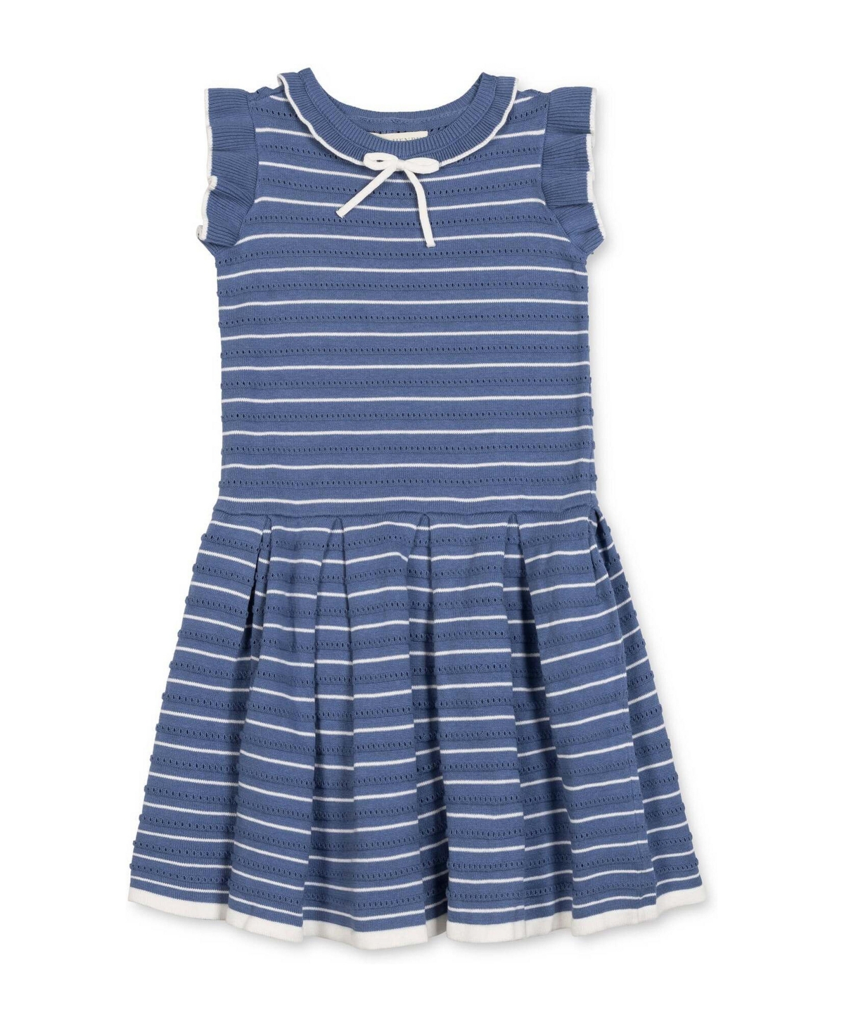 Hope & Henry Girls' 2T - 12 Organic Flutter-Sleeve Pleated Sweater Dress - Denim blue stripe