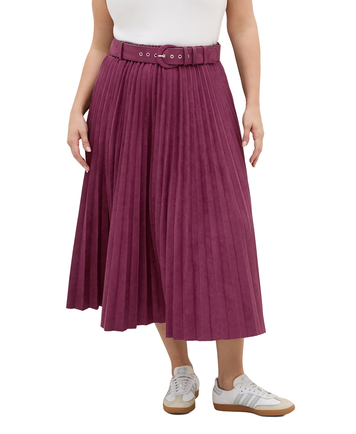 City Chic Plus Size Faux Suede Pleated High-Waisted Midi Skirt - Bordeaux