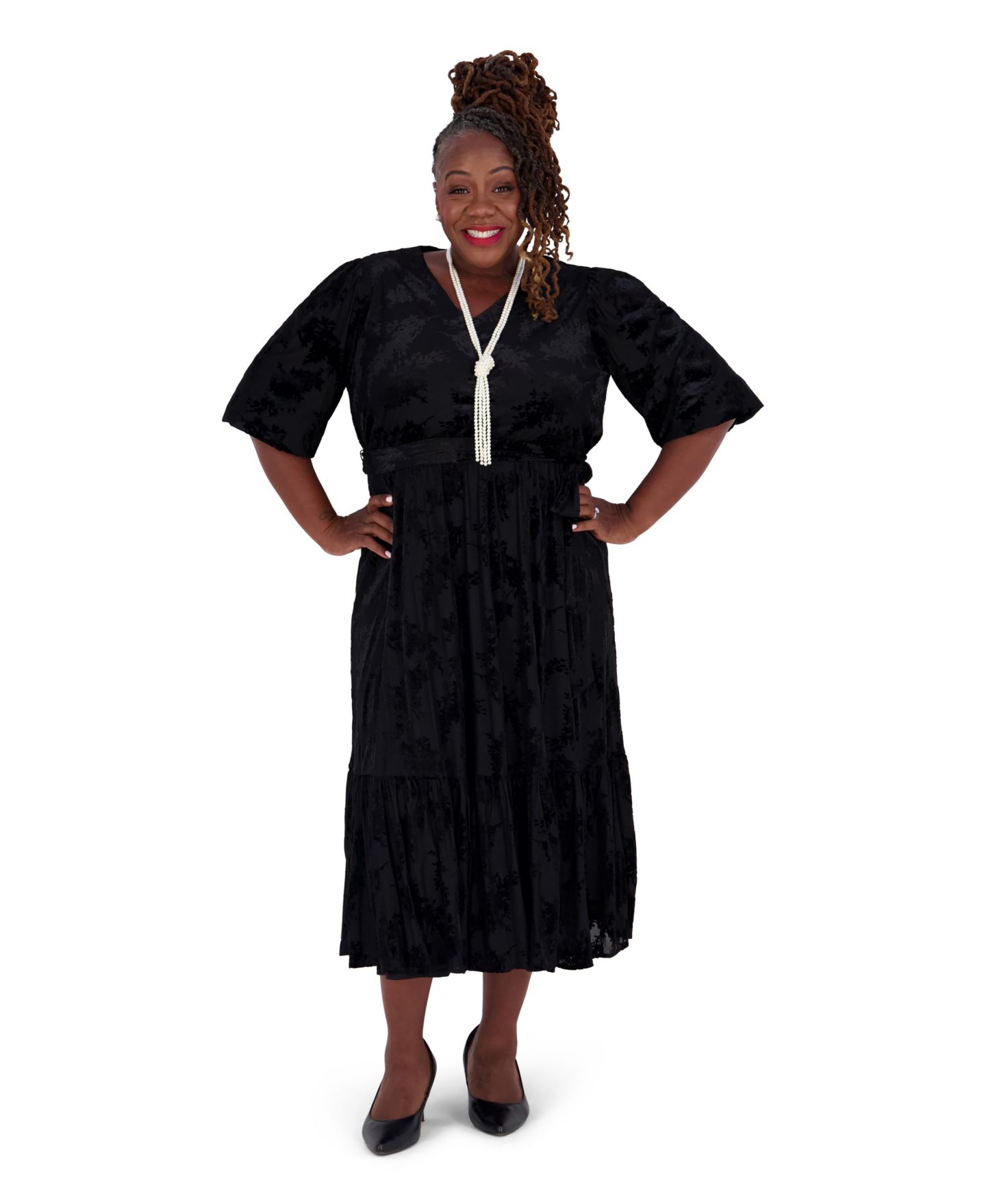 Женское платье Kasper Floral Velvet Burnout 3/4-Balloon Sleeve Wrap, Regular and Plus Size, цвет: Чёрный — фото 1