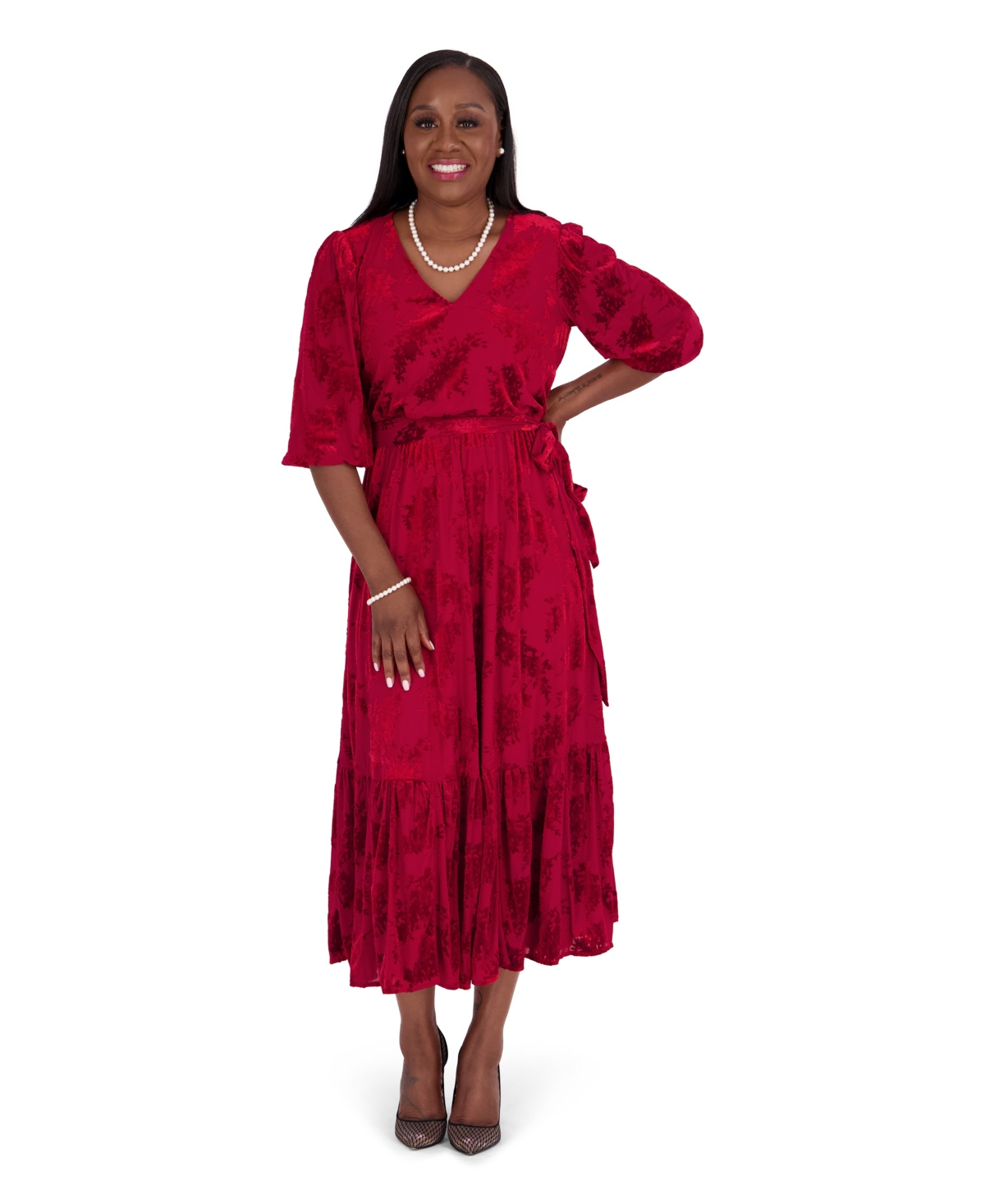 Kasper Women's Floral-Print 3/4-Balloon Sleeve Wrap Dress, Regular and Plus Size - Crimson