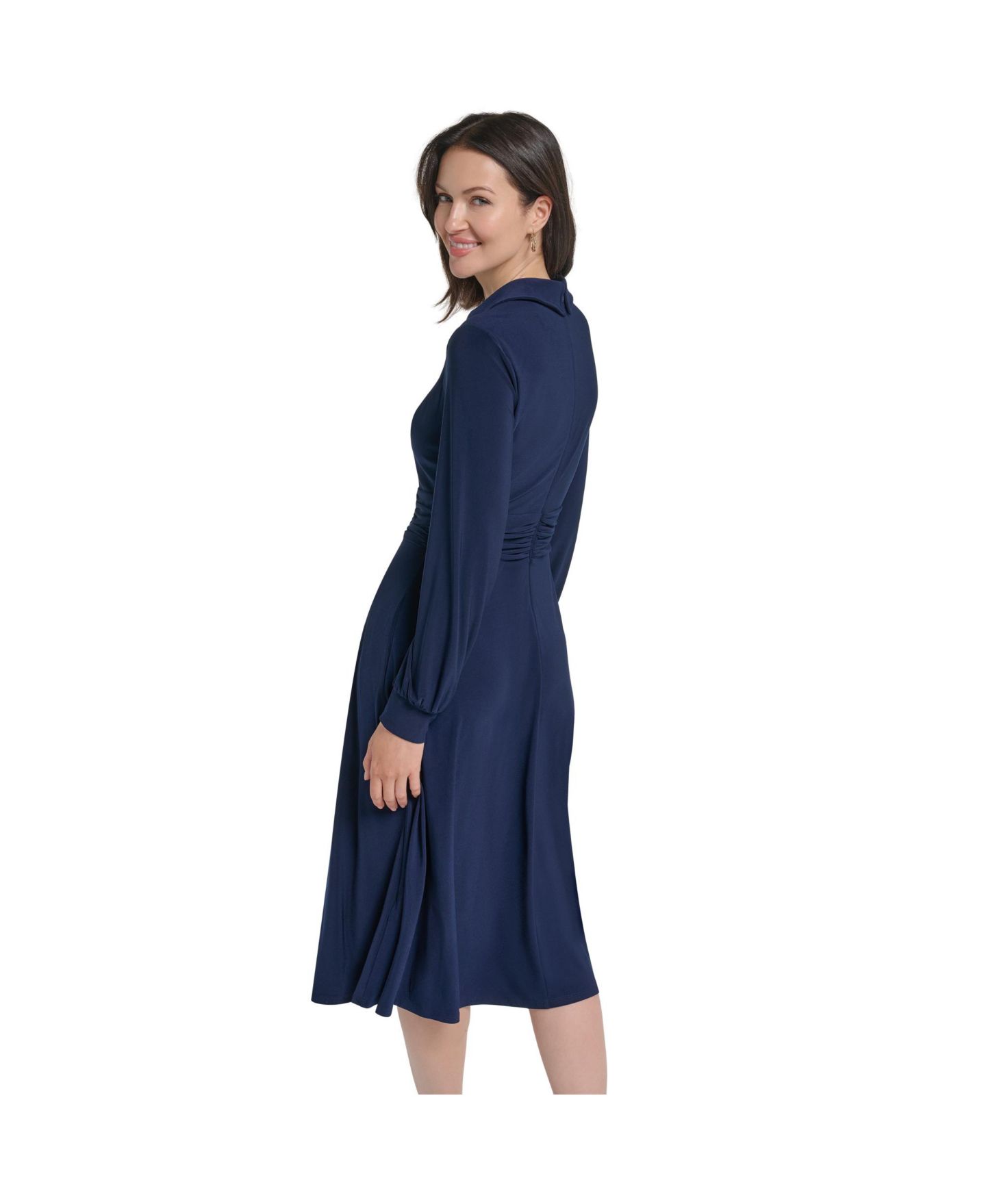 Женское платье Jessica Howard Petite Ruched Shirt Collar Long-Sleeve A-Line Midi, цвет: Тёмно-синий — фото 2