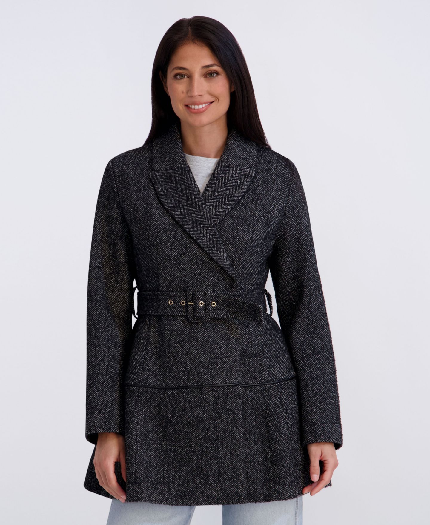Женская куртка Kensie Belted Herringbone Tweed Skirted Wool, цвет: Чёрный / Белый — фото 5