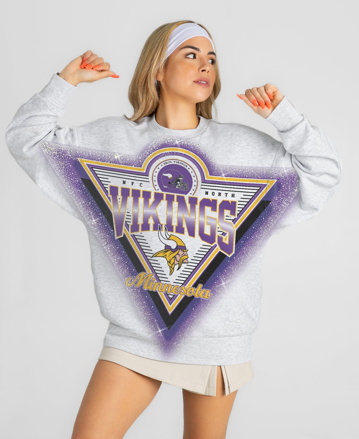 Gameday Couture Women's Heather Gray Minnesota Vikings Chasing Victory Rhinestone Spray Oversized Fleece Sweatshirt