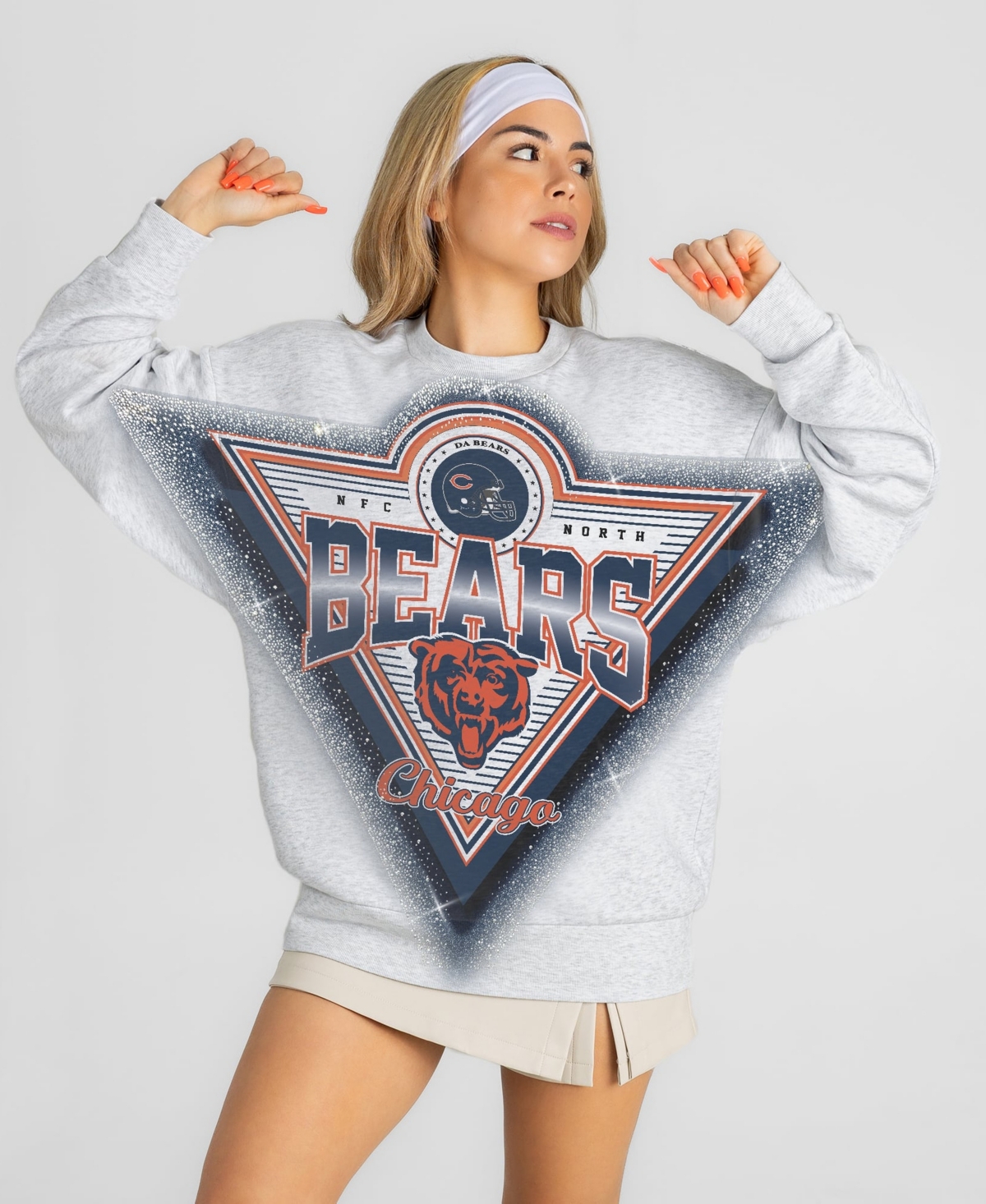 Gameday Couture Women's Heather Gray Chicago Bears Chasing Victory Rhinestone Spray Oversized Fleece Sweatshirt - Heather Gray