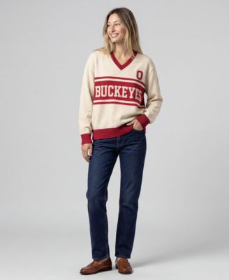 Women's Cream Ohio State Buckeyes Retro Roots V-Neck Sweater