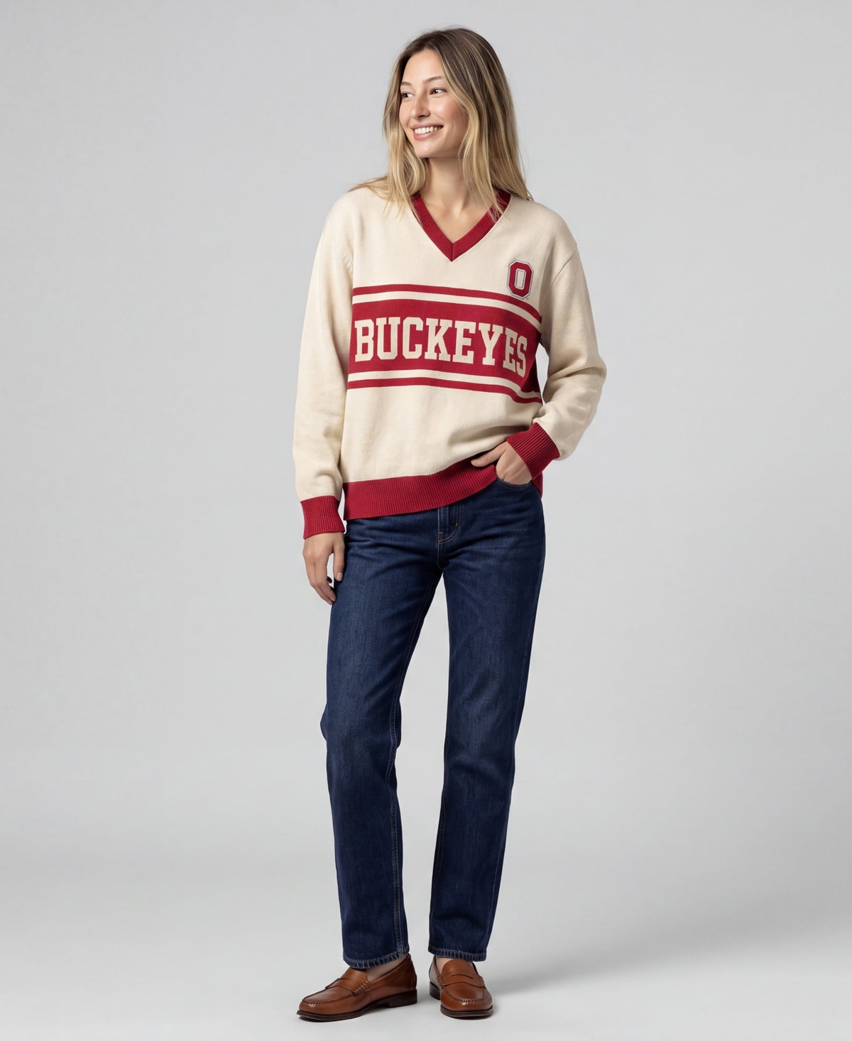 Mitchell & Ness Women's Cream Ohio State Buckeyes Retro Roots V-Neck Sweater