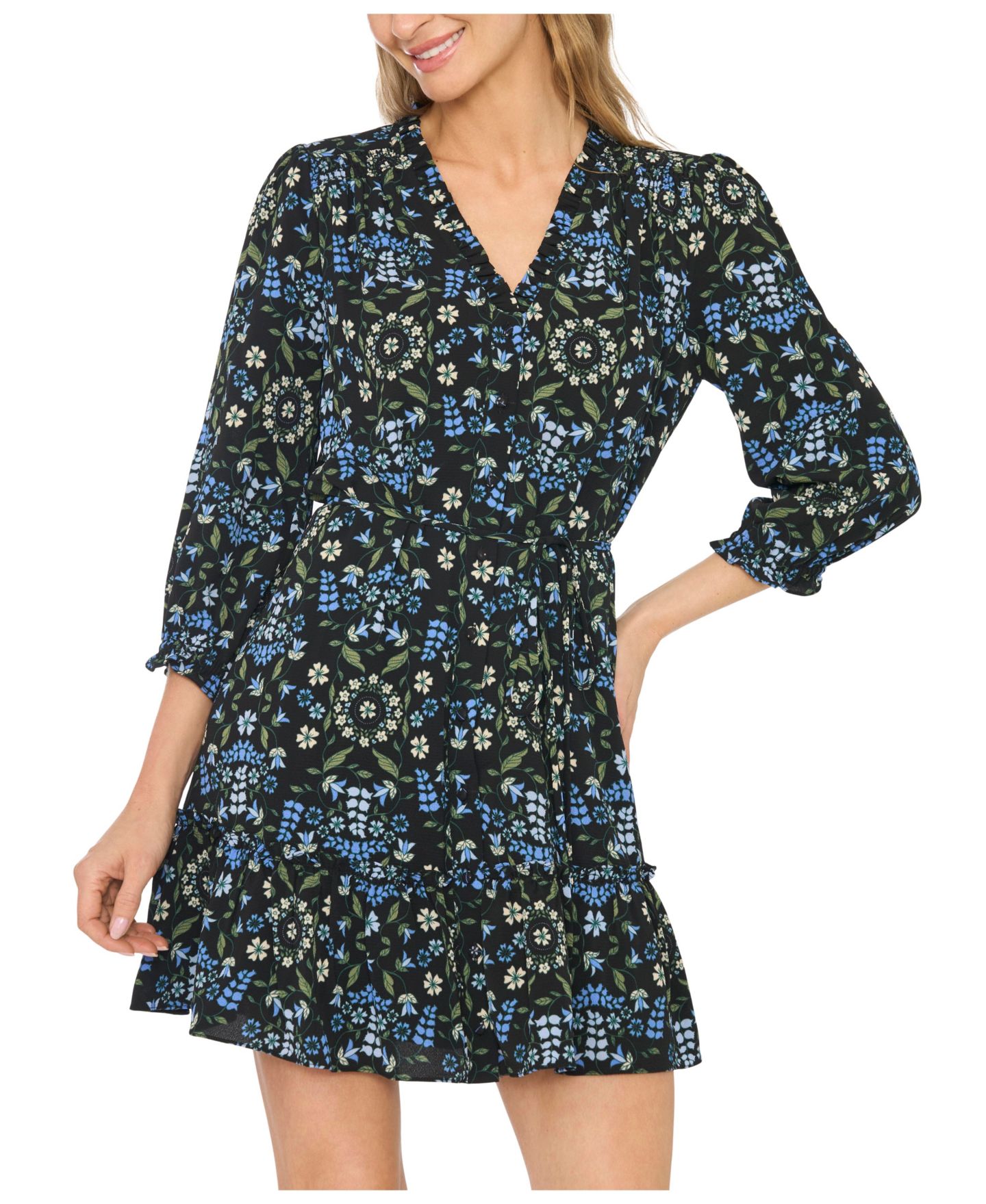 Женское платье CeCe Floral 3/4-Sleeve Ruffled V-Neck Mini, цвет: Насыщенный чёрный — фото 2
