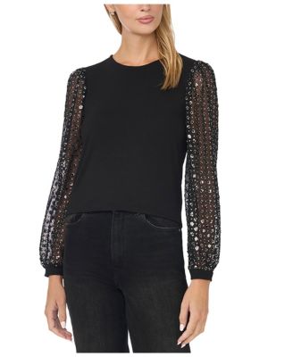 Women's Mixed Media Sequin Puff-Sleeve Crewneck Blouse