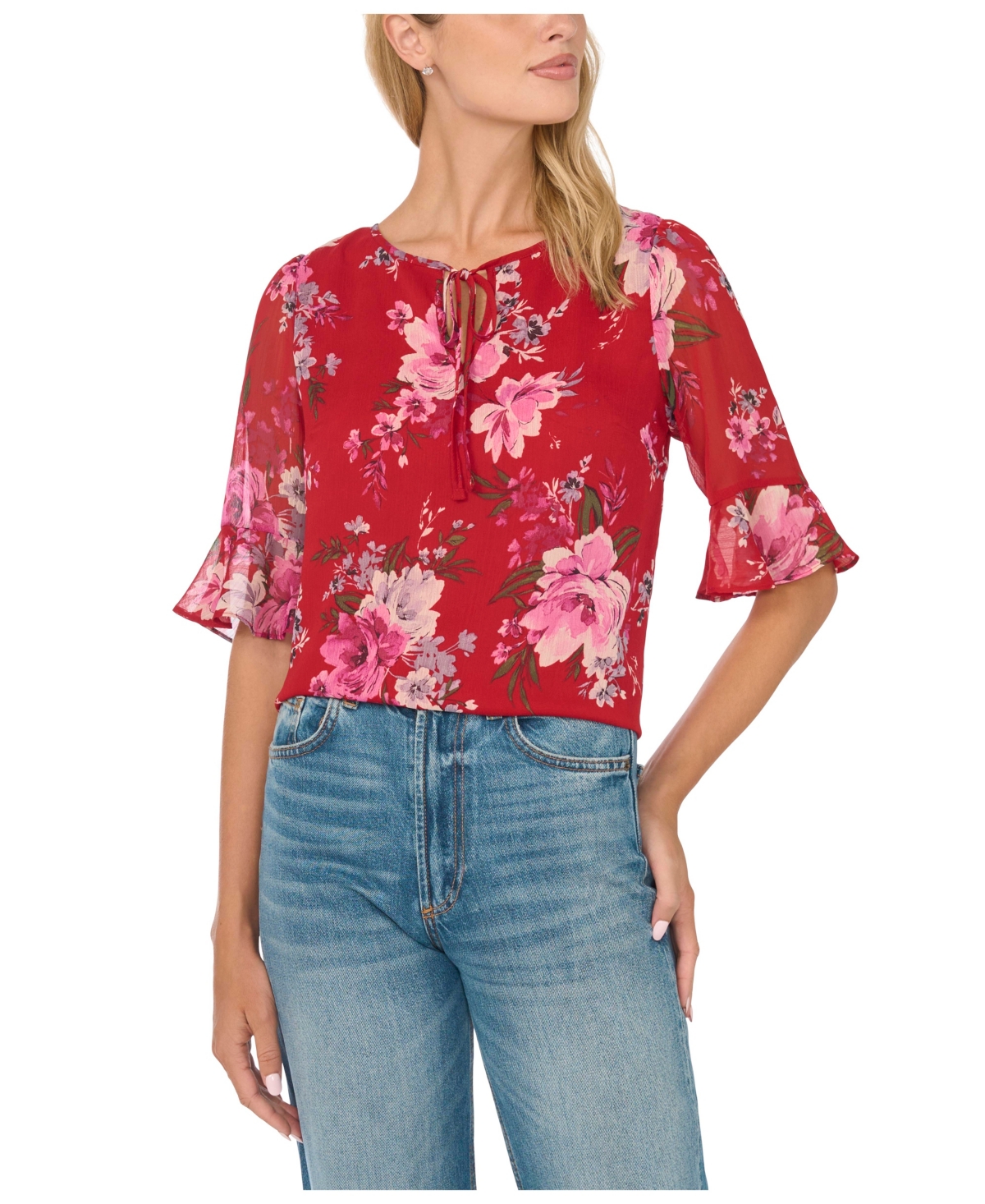 CeCe Women's 3/4-Sleeve Floral-Print Tie-Neck Blouse - Deep Crimson