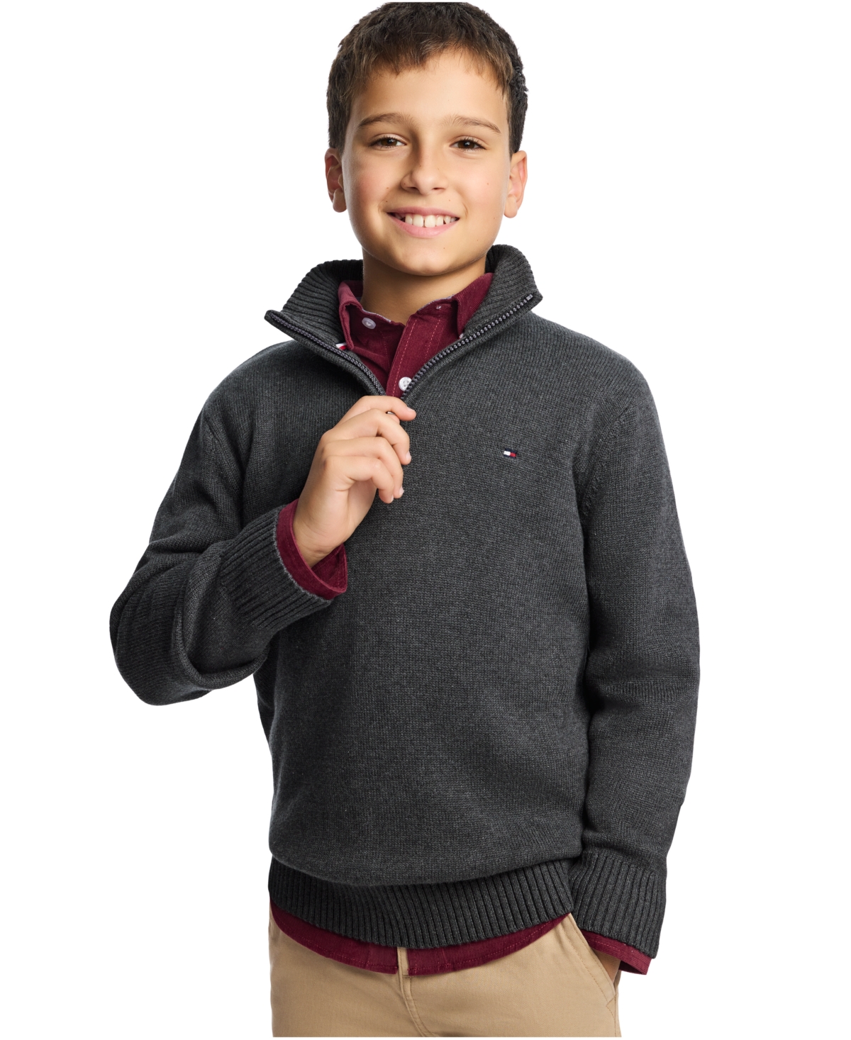 Tommy Hilfiger Boys' 8-20 Zipneck Cotton Quarter-Zip Sweater - Charcoal Heather