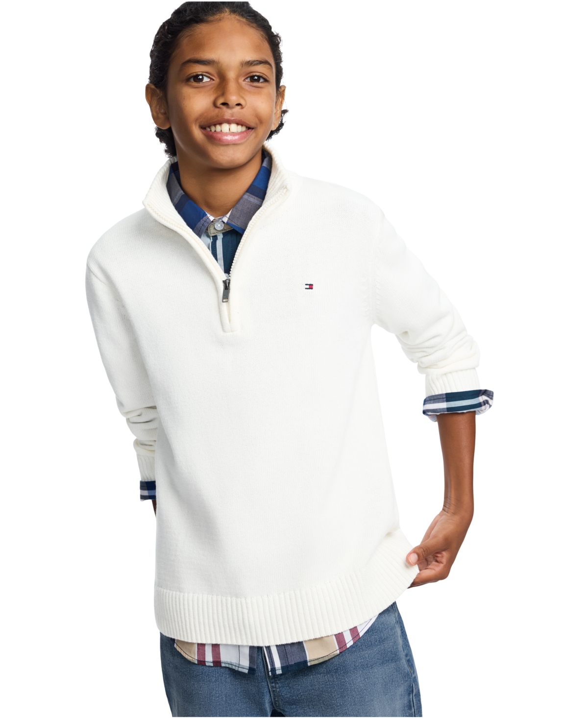 Tommy Hilfiger Boys' 8-20 Zipneck Cotton Quarter-Zip Sweater - Ecru