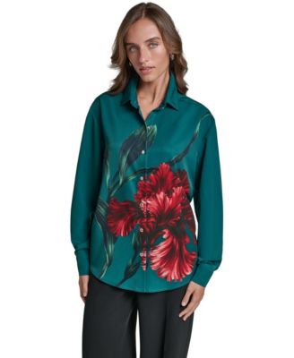Women's Long-Sleeve Floral-Print Satin Blouse