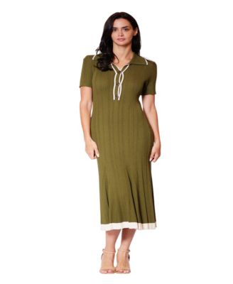 Women's Short-Sleeve Collared Ribbed Midi Dress