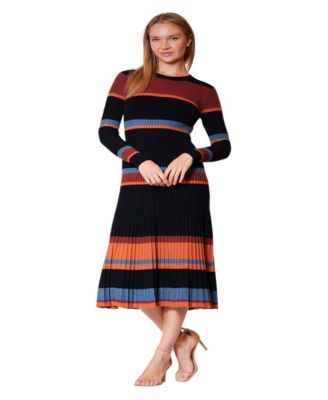 Women's Striped A-Line Long-Sleeve Midi Sweater Dress