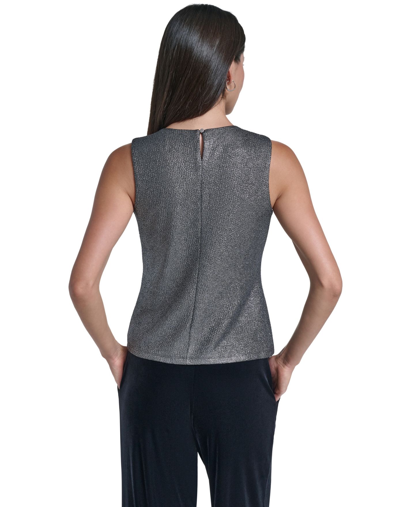 Женская блузка Calvin Klein Sleeveless Pleated Crewneck, цвет: Чёрный / Серебряный — фото 5