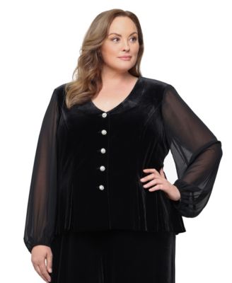 Plus Size Velvet V-Neck 3/4-Sleeve Blouse