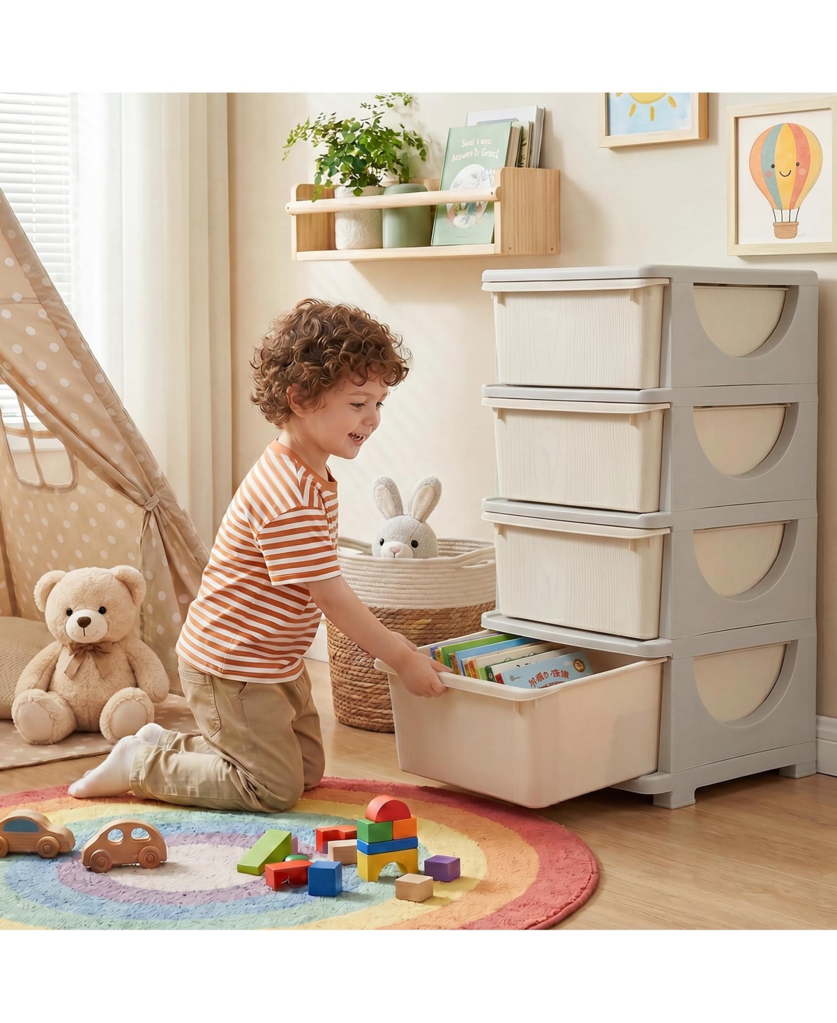 homfan Kids 4-Tier Plastic Storage Drawer Cabinet, Child Safe Toy Organizer with Rounded Corners, Easy to Clean, for Playroom, Nursery