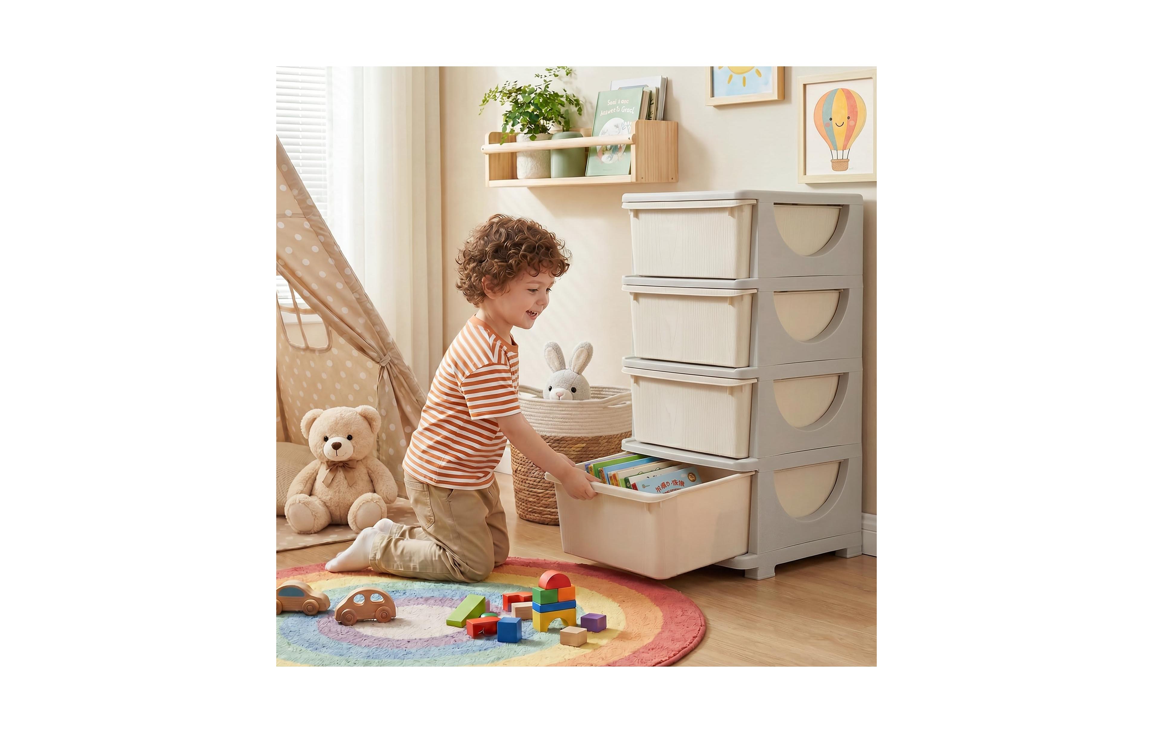 homfan Kids 4-Tier Plastic Storage Drawer Cabinet, Child Safe Toy Organizer with Rounded Corners, Easy to Clean, for Playroom, Nursery