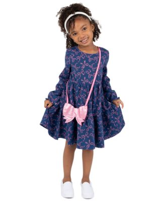 Girls' 2T-6X Bow-Print Tiered Long-Sleeve Dress and Bag, 2-Piece Set