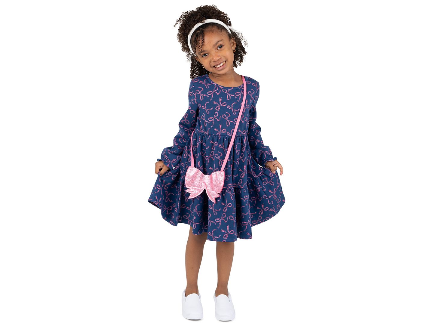 Комплект Rare Editions Bow-Print Tiered Long-Sleeve Dress and Bag, 2-Piece Set для девочек, цвет: Тёмно-синий — фото 1