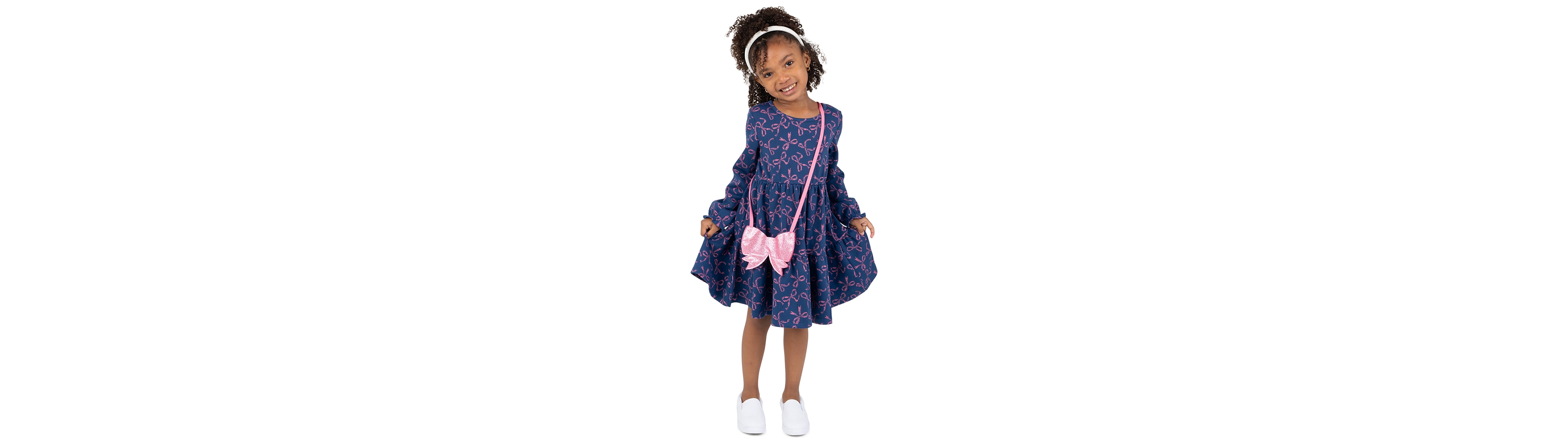 Rare Editions Girls' 2T-6X Bow-Print Tiered Long-Sleeve Dress and Bag, 2-Piece Set