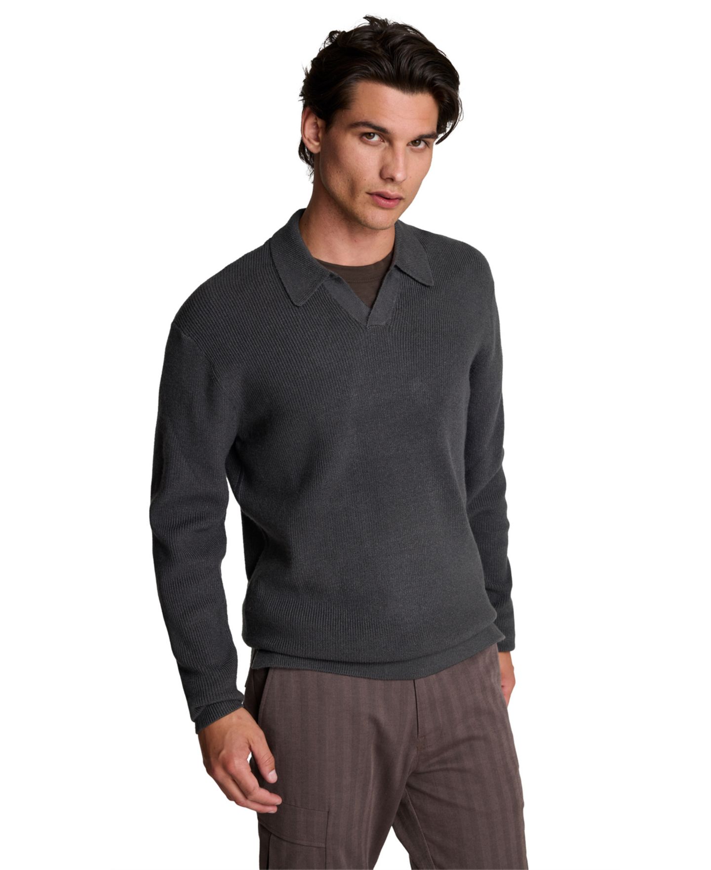 Мужское поло Kenneth Cole Long-Sleeve Classic-Fit Johnny Collar Polo Shirt, цвет: Угольный — фото 1