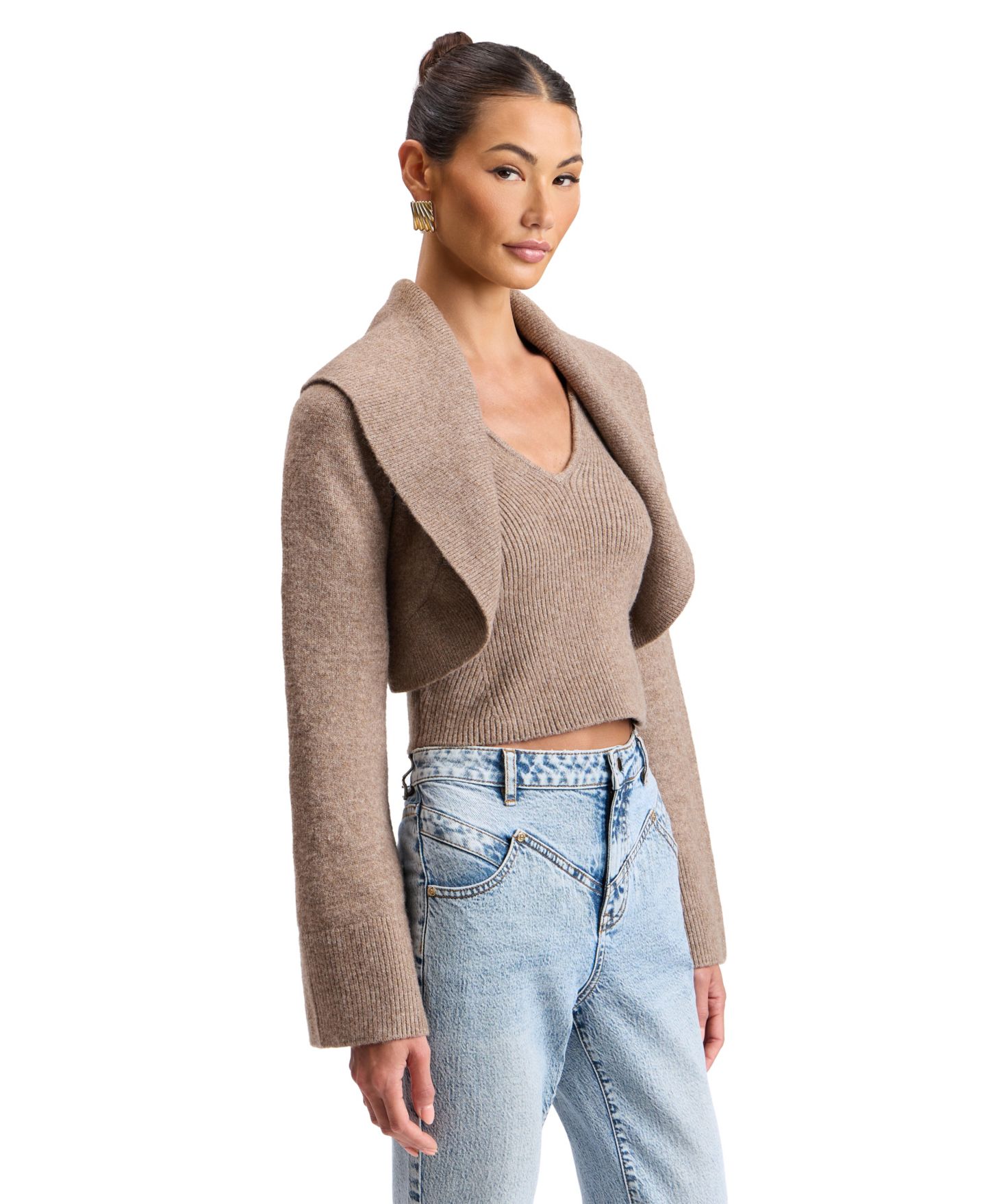 Женские болеро Avec Les Filles Oversized Shawl-Collar Cropped Shrug, цвет: Серо-бежевый — фото 6
