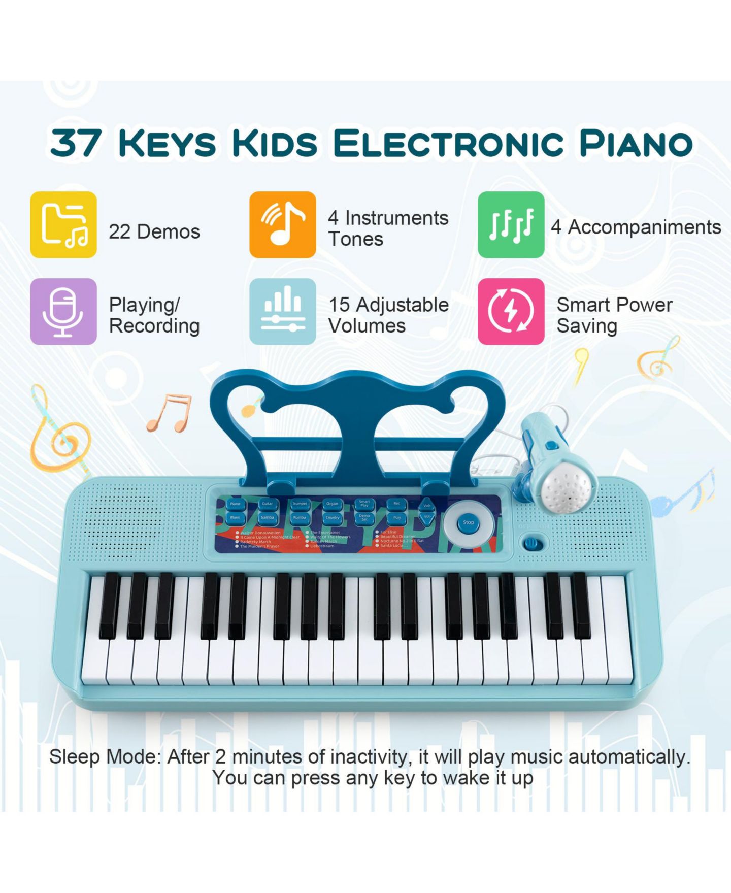 Детские игрушки Mecale 37-Key Kids Piano Keyboard with Microphone and Stool, 4-Piece Set, Ages 3+, цвет: Синий — фото 7